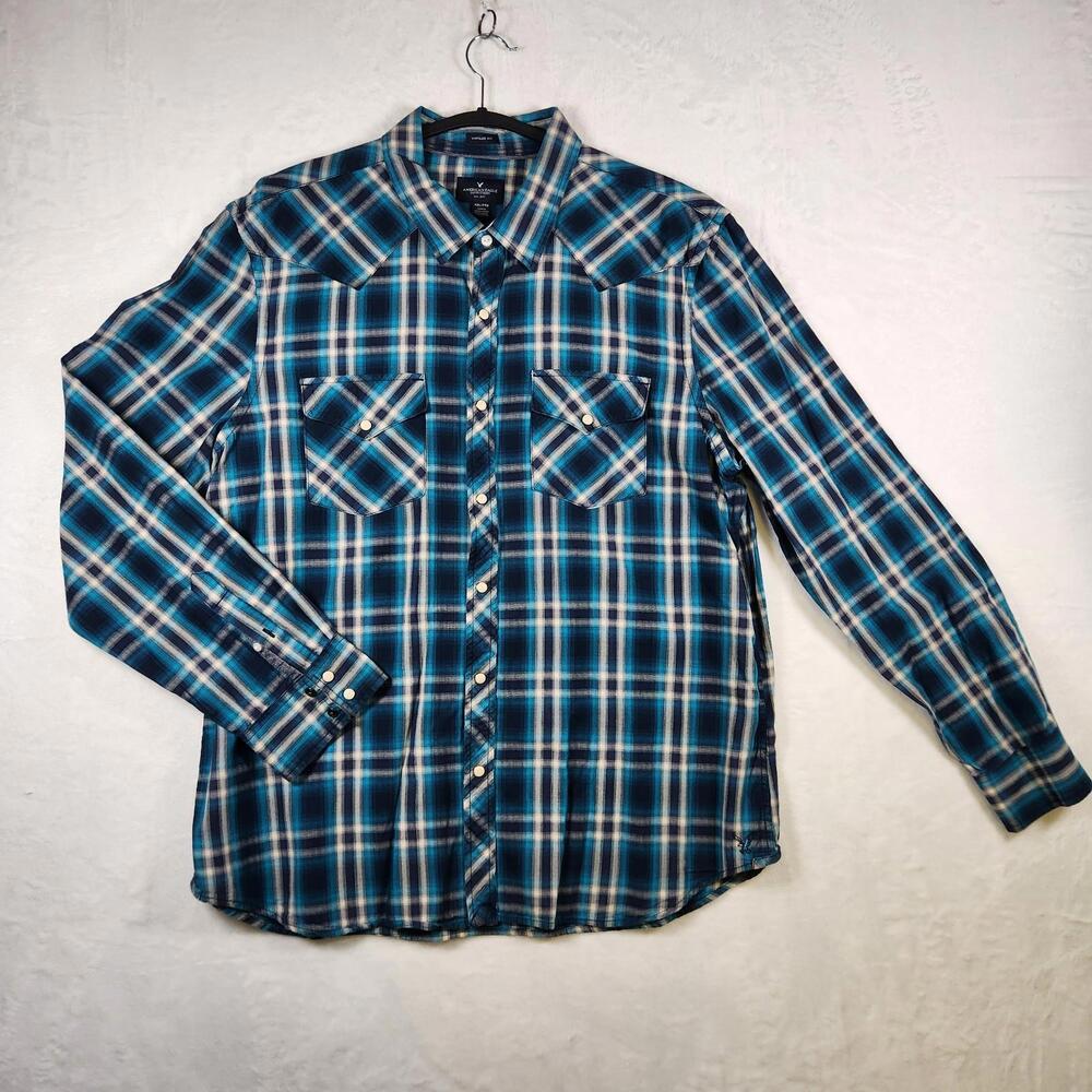 American Eagle Plaid Vintage Fit LS Button Down Shirt Pearled Snaps Size 2XL